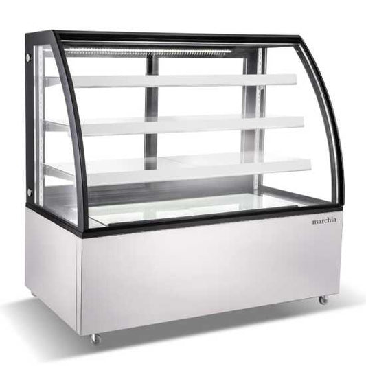 The Marchia MBT60 60-inch High Volume Curved Glass Refrigerated Bakery Display Case, designed to display a substantial amount of baked goods, pastries, and desserts while ensuring they remain fresh and cool. Ideal for large bakeries, cafés, and delis.