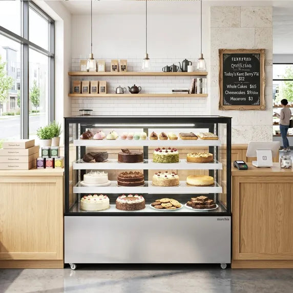 The Marchia MBT60-ST 60-inch Straight Glass Refrigerated Bakery Display Case, perfect for showcasing a large variety of pastries, cakes, and desserts while ensuring they stay fresh and at the ideal temperature. Ideal for bakeries, cafés, and delis.