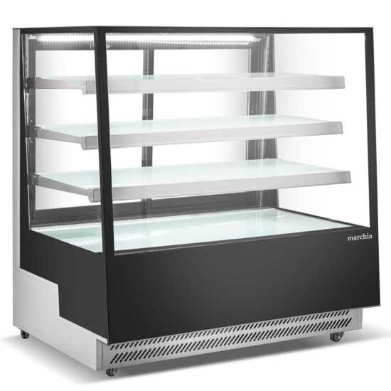The Marchia TMB60 60-inch Refrigerated Bakery Display Case with straight glass, perfect for displaying a wide variety of pastries, cakes, and desserts while ensuring they remain fresh and at the ideal temperature. Suitable for bakeries, cafés, and delis.