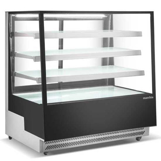 The Marchia TMB60 60-inch Refrigerated Bakery Display Case with straight glass, perfect for displaying a wide variety of pastries, cakes, and desserts while ensuring they remain fresh and at the ideal temperature. Suitable for bakeries, cafés, and delis.