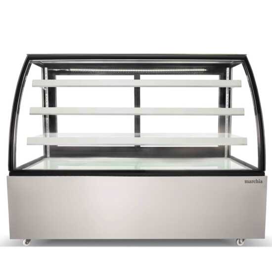 The Marchia MBT72 72-inch High Volume Curved Glass Refrigerated Bakery Display Case, designed to showcase a large assortment of pastries, cakes, and desserts while maintaining optimal freshness and temperature. Perfect for extensive bakeries, cafés, and delis.