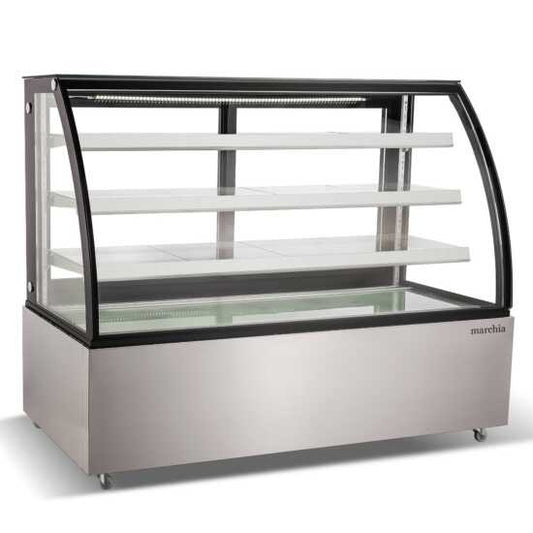 The Marchia MBT72 72-inch High Volume Curved Glass Refrigerated Bakery Display Case, designed to showcase a large assortment of pastries, cakes, and desserts while maintaining optimal freshness and temperature. Perfect for extensive bakeries, cafés, and delis.