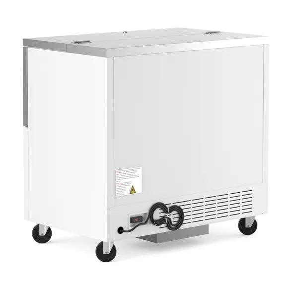 Coldline MC34 34-inch white school milk cooler for cafeterias, schools, and lunchrooms. Keeps milk cartons and beverages cold, organized, and easy for students to access during meal service. Durable commercial refrigerator with sliding top lids for high-volume daily use.