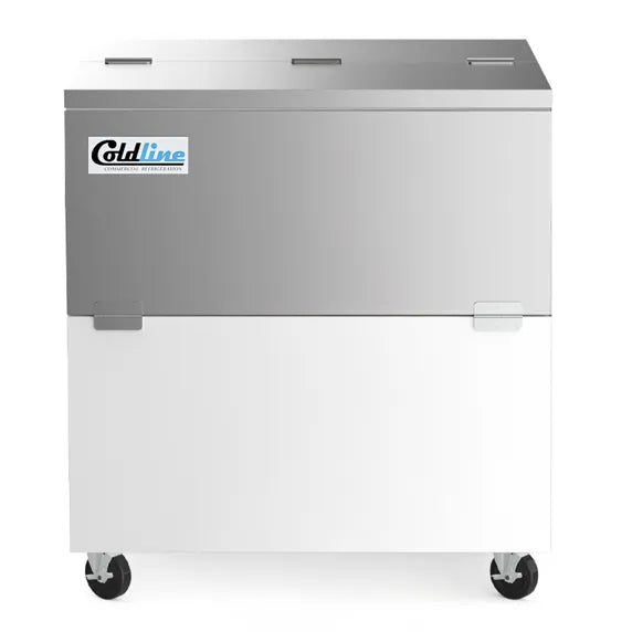 Coldline MC34 34-inch white school milk cooler for cafeterias, schools, and lunchrooms. Keeps milk cartons and beverages cold, organized, and easy for students to access during meal service. Durable commercial refrigerator with sliding top lids for high-volume daily use.