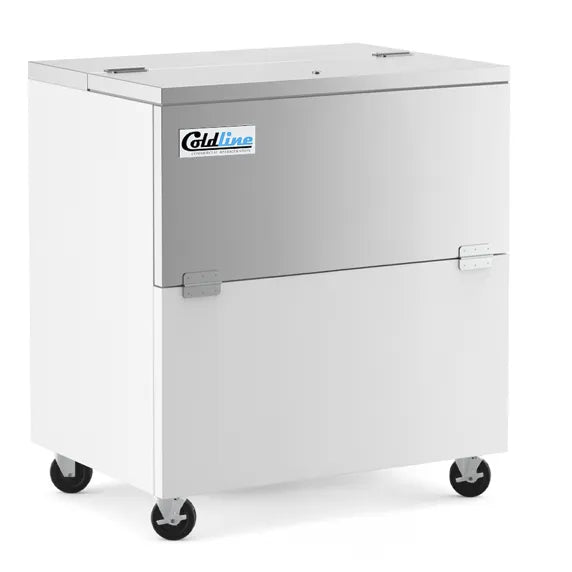 Coldline MC34 34-inch white school milk cooler for cafeterias, schools, and lunchrooms. Keeps milk cartons and beverages cold, organized, and easy for students to access during meal service. Durable commercial refrigerator with sliding top lids for high-volume daily use.