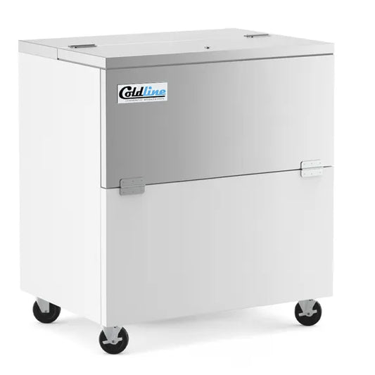 Coldline MC34 34-inch white school milk cooler for cafeterias, schools, and lunchrooms. Keeps milk cartons and beverages cold, organized, and easy for students to access during meal service. Durable commercial refrigerator with sliding top lids for high-volume daily use.