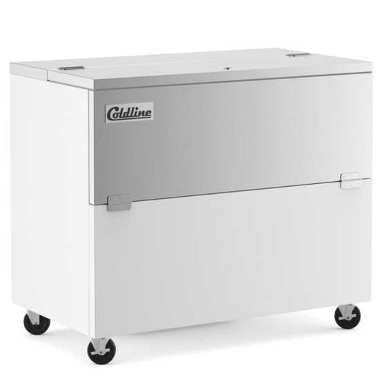 Coldline MC49 49-inch white school milk cooler, designed for schools and cafeterias to store and cool milk. Offers efficient cooling, easy access, and compact storage for various beverages.