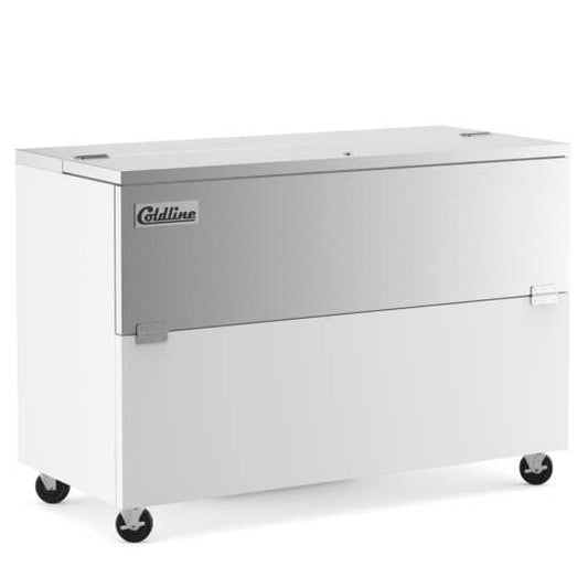 Coldline MC58 58-inch white school milk cooler, ideal for keeping milk and beverages cold in a school or cafeteria setting. The unit features easy access, efficient cooling, and ample storage.