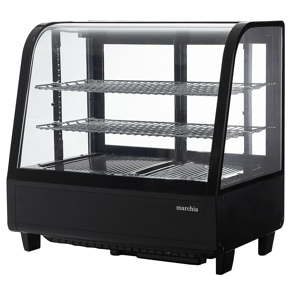Marchia MDC100 27" Black Countertop Refrigerated Bakery Display Case with curved glass and LED lighting. Features a compact design for showcasing and keeping baked goods cool and illuminated.