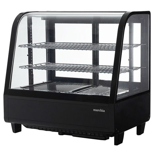 Marchia MDC100 27" Black Countertop Refrigerated Bakery Display Case with curved glass and LED lighting. Features a compact design for showcasing and keeping baked goods cool and illuminated.