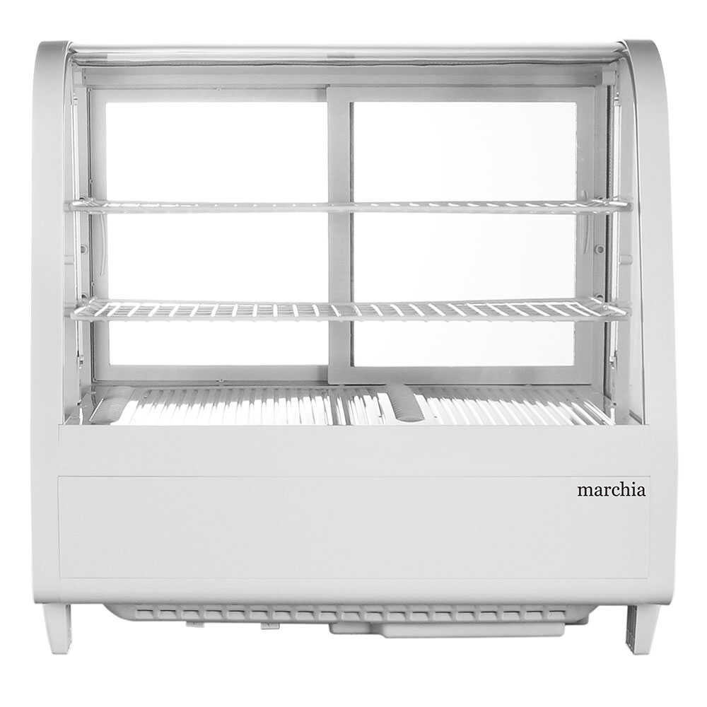 Marchia MDC100-W 27" White Countertop Refrigerated Bakery Display Case with curved glass and LED lighting. Features a sleek white design for showcasing and keeping baked goods cool and well-lit.
