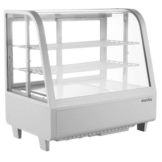 Marchia MDC100-W 27" White Countertop Refrigerated Bakery Display Case with curved glass and LED lighting. Features a sleek white design for showcasing and keeping baked goods cool and well-lit.