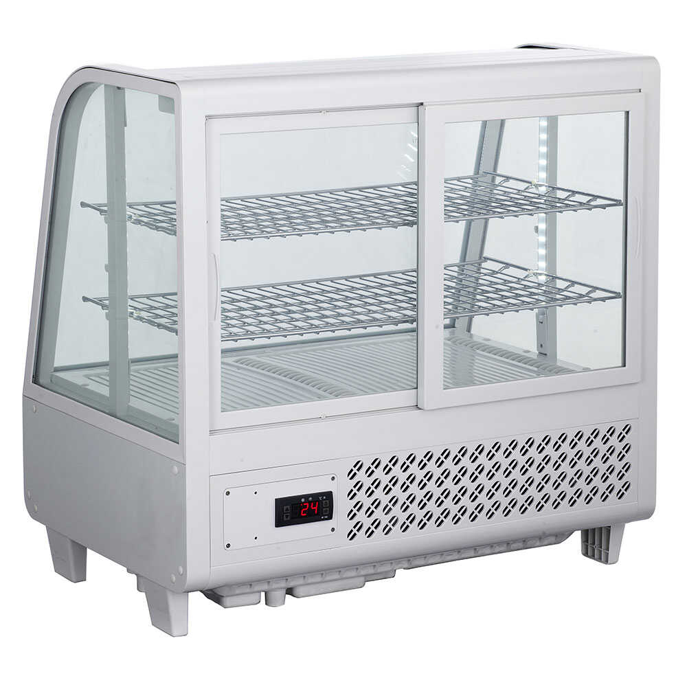 Marchia MDC100-W 27" White Countertop Refrigerated Bakery Display Case with curved glass and LED lighting. Features a sleek white design for showcasing and keeping baked goods cool and well-lit.