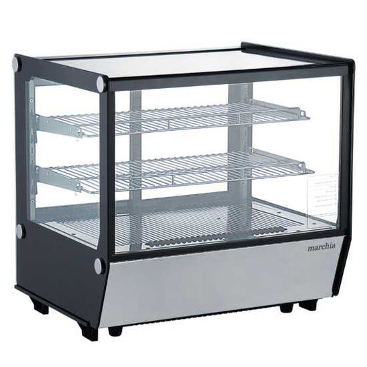 Marchia MDC120-ST 28" Countertop Refrigerated Bakery Display Case with straight glass and LED lighting. Features a compact design for showcasing and keeping baked goods cool with clear visibility.