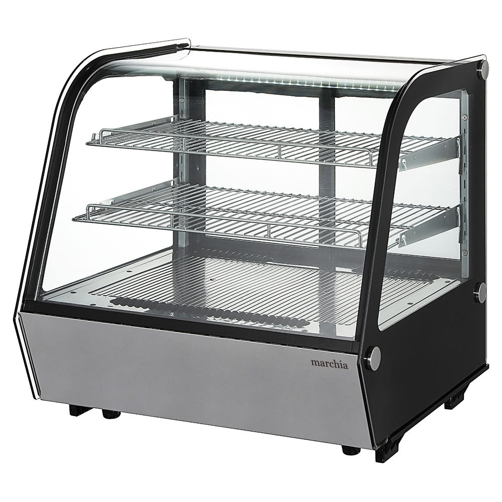 Marchia MDC121 28" Countertop Refrigerated Bakery Display Case with curved glass and LED lighting. Features a compact design for elegantly showcasing and keeping baked goods cool and illuminated.