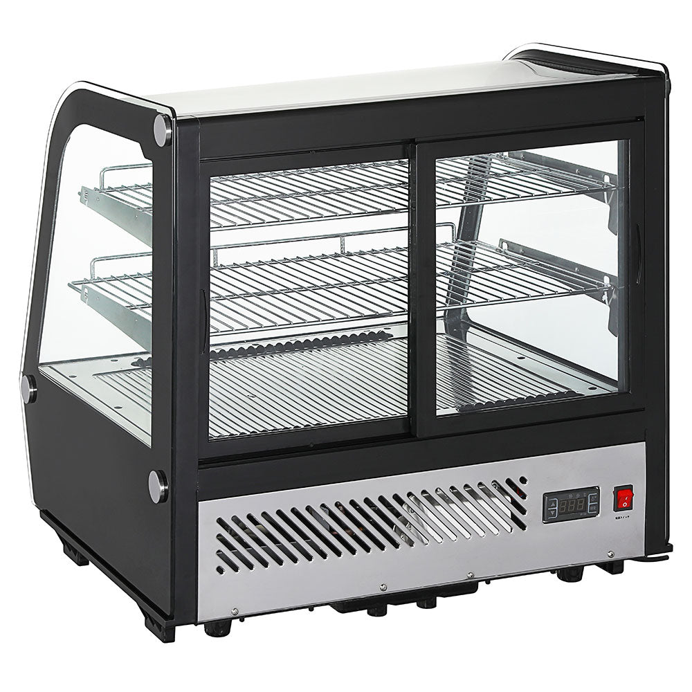 Marchia MDC121 28" Countertop Refrigerated Bakery Display Case with curved glass and LED lighting. Features a compact design for elegantly showcasing and keeping baked goods cool and illuminated.