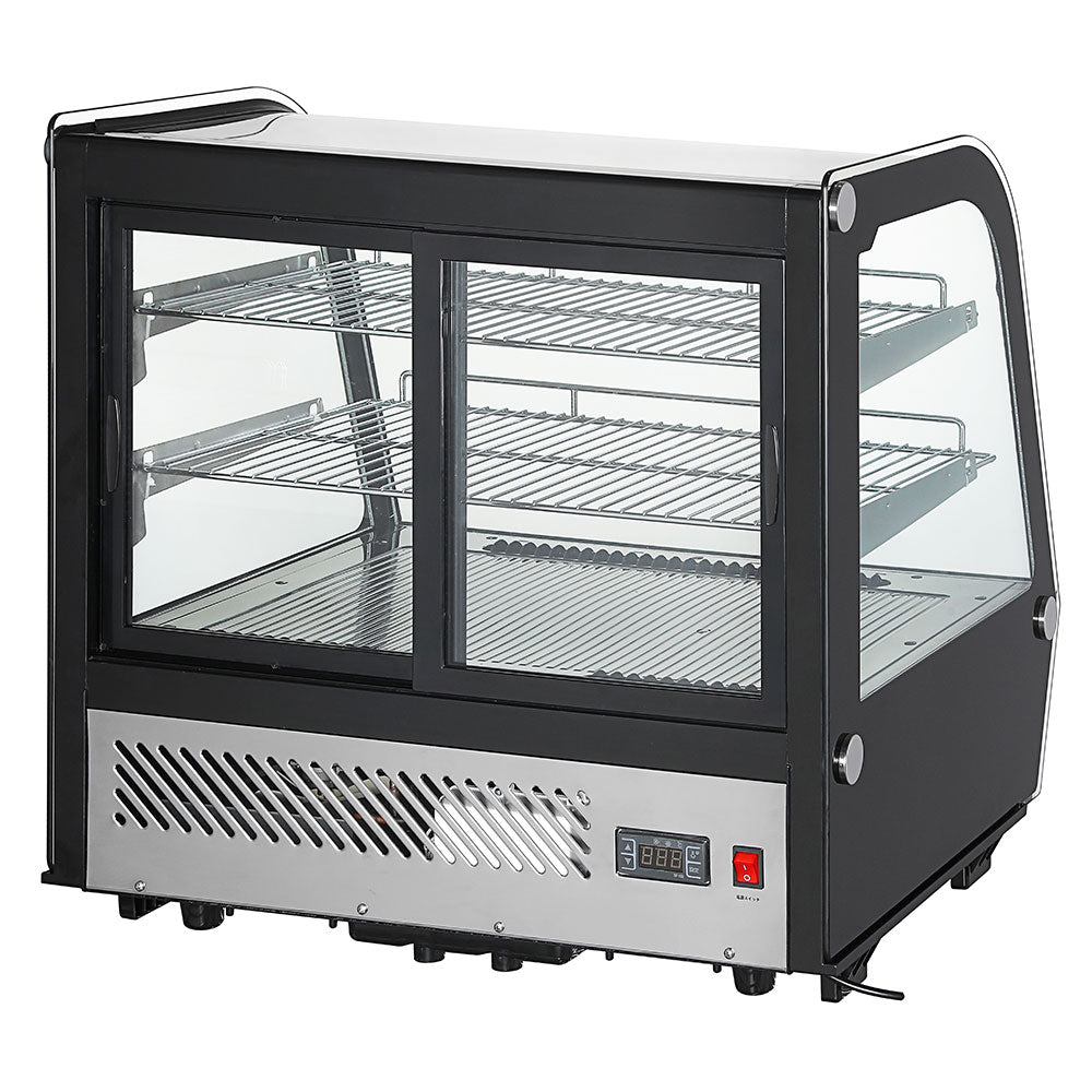 Marchia MDC121 28" Countertop Refrigerated Bakery Display Case with curved glass and LED lighting. Features a compact design for elegantly showcasing and keeping baked goods cool and illuminated.
