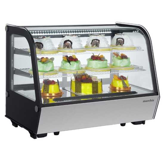 Marchia MDC161 36" Countertop Refrigerated Bakery Display Case with curved glass and LED lighting. Offers a spacious design for displaying and cooling baked goods with enhanced visibility.