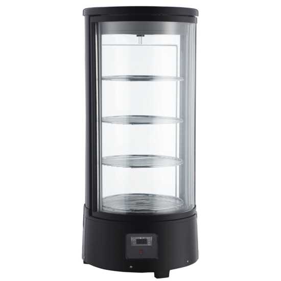Marchia MDCR78 black countertop rotating refrigerated bakery display case with LED lighting, ideal for showcasing pastries, cakes, and desserts while keeping them fresh and appealing in any café or bakery.
