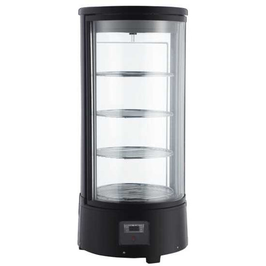 Marchia MDCR78 black countertop rotating refrigerated bakery display case with LED lighting, ideal for showcasing pastries, cakes, and desserts while keeping them fresh and appealing in any café or bakery.