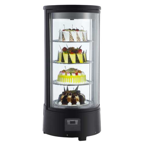 Marchia MDCR78 black countertop rotating refrigerated bakery display case with LED lighting, ideal for showcasing pastries, cakes, and desserts while keeping them fresh and appealing in any café or bakery.