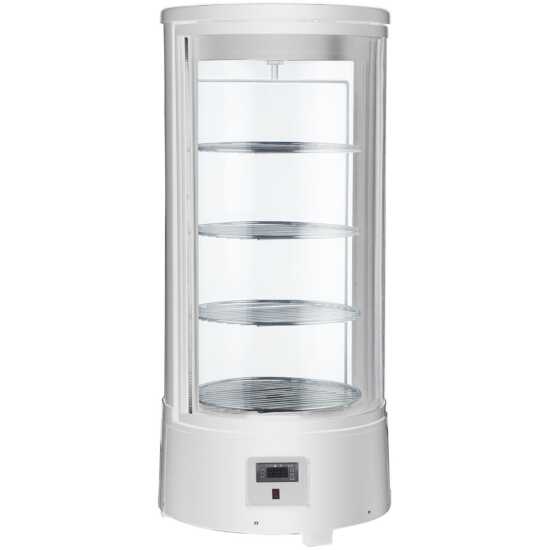 Marchia MDCR78-W white countertop rotating refrigerated bakery display case with LED lighting, perfect for displaying and preserving pastries, cakes, and desserts in a clean, modern café or bakery setting.