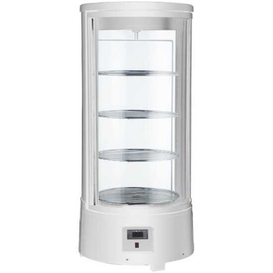 Marchia MDCR78-W white countertop rotating refrigerated bakery display case with LED lighting, perfect for displaying and preserving pastries, cakes, and desserts in a clean, modern café or bakery setting.