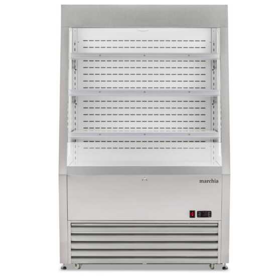 The Marchia MDS390-SS 36" stainless steel open air cooler grab-and-go refrigerator with durable construction, adjustable shelves, energy-efficient LED lighting, and easy access for displaying chilled items.