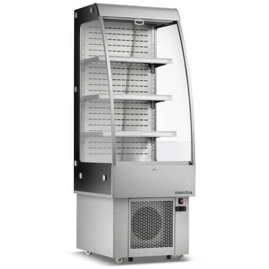 The Marchia MDS250 24" open air cooler grab-and-go display refrigerator with adjustable shelves, energy-efficient LED lighting, and easy access for convenient retail display of chilled products.