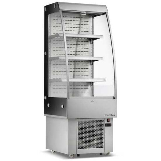 The Marchia MDS250 24" open air cooler grab-and-go display refrigerator with adjustable shelves, energy-efficient LED lighting, and easy access for convenient retail display of chilled products.