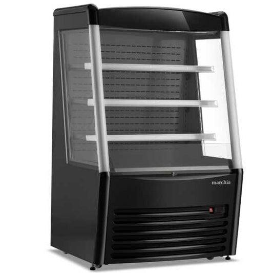 The Marchia MDS390 36" black open air cooler grab-and-go refrigerator features a sleek design, adjustable shelves, energy-efficient LED lighting, and convenient access for displaying chilled products.
