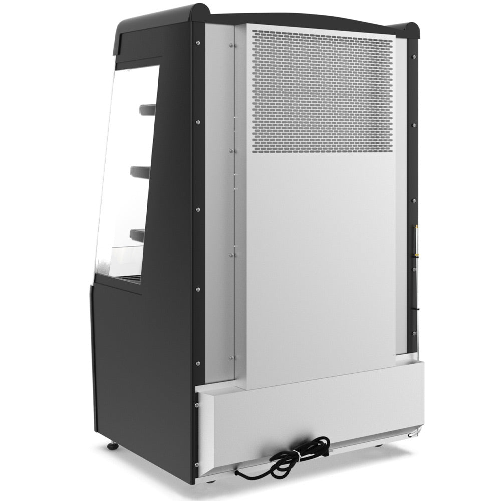 The Marchia MDS390 36" black open air cooler grab-and-go refrigerator features a sleek design, adjustable shelves, energy-efficient LED lighting, and convenient access for displaying chilled products.