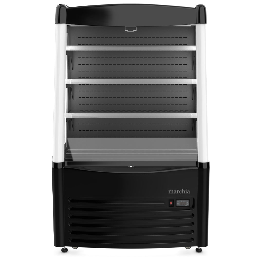 The Marchia MDS390 36" black open air cooler grab-and-go refrigerator features a sleek design, adjustable shelves, energy-efficient LED lighting, and convenient access for displaying chilled products.