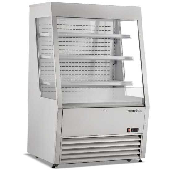 The Marchia MDS390-SS 36" stainless steel open air cooler grab-and-go refrigerator with durable construction, adjustable shelves, energy-efficient LED lighting, and easy access for displaying chilled items.