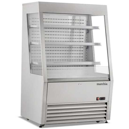The Marchia MDS390-SS 36" stainless steel open air cooler grab-and-go refrigerator with durable construction, adjustable shelves, energy-efficient LED lighting, and easy access for displaying chilled items.