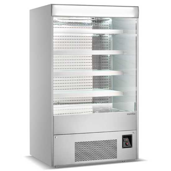The Marchia MDS48 48" open air cooler grab-and-go refrigerator features a spacious design with adjustable shelves, energy-efficient LED lighting, and easy access for displaying chilled products in a retail setting.