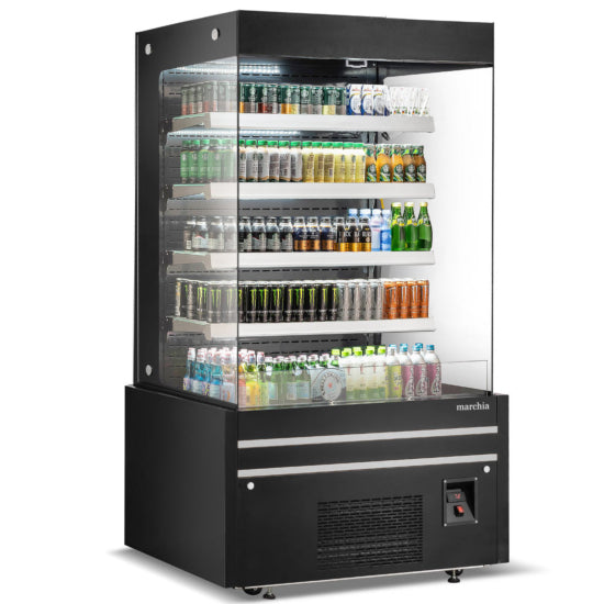 Marchia MDS48G 48-inch Black Open Air Cooler Grab-and-Go Refrigerator with Glass Sides. Features an open display design, energy-efficient LED lighting, and glass side panels for enhanced visibility. Ideal for beverages, snacks, or perishables in retail settings.