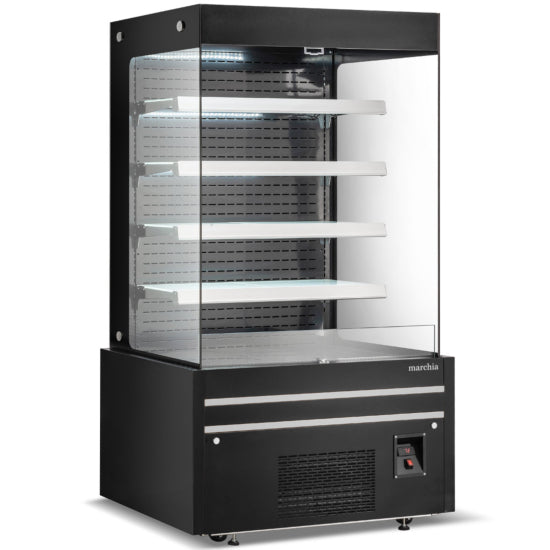 Marchia MDS48G 48-inch Black Open Air Cooler Grab-and-Go Refrigerator with Glass Sides. Features an open display design, energy-efficient LED lighting, and glass side panels for enhanced visibility. Ideal for beverages, snacks, or perishables in retail settings.