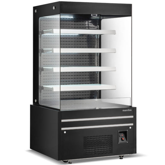 Marchia MDS48G 48-inch Black Open Air Cooler Grab-and-Go Refrigerator with Glass Sides. Features an open display design, energy-efficient LED lighting, and glass side panels for enhanced visibility. Ideal for beverages, snacks, or perishables in retail settings.