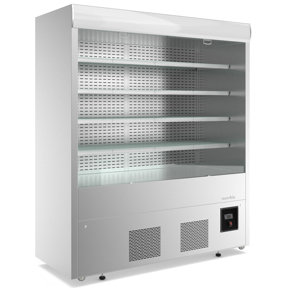 The Marchia MDS72 72" open air cooler grab-and-go refrigerator, operating on 220V, features a large design with adjustable shelves, energy-efficient LED lighting, and easy access for showcasing chilled products.