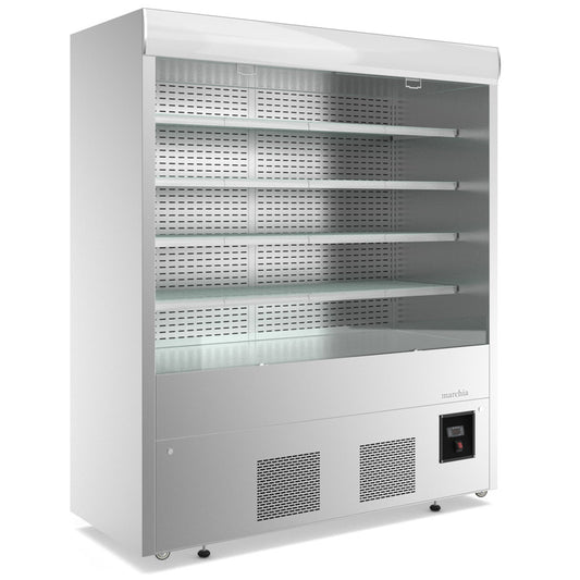 The Marchia MDS72 72" open air cooler grab-and-go refrigerator, operating on 220V, features a large design with adjustable shelves, energy-efficient LED lighting, and easy access for showcasing chilled products.