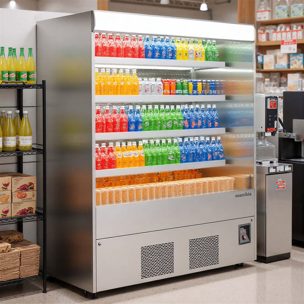 The Marchia MDS72 72" open air cooler grab-and-go refrigerator, operating on 220V, features a large design with adjustable shelves, energy-efficient LED lighting, and easy access for showcasing chilled products.