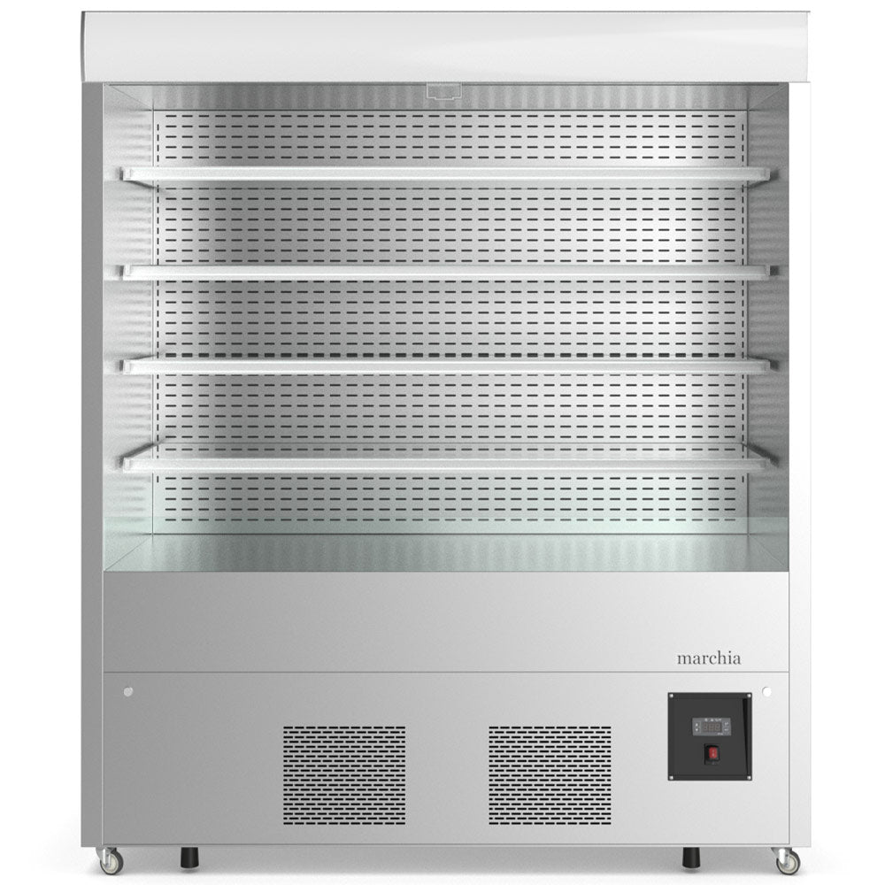 The Marchia MDS72 72" open air cooler grab-and-go refrigerator, operating on 220V, features a large design with adjustable shelves, energy-efficient LED lighting, and easy access for showcasing chilled products.