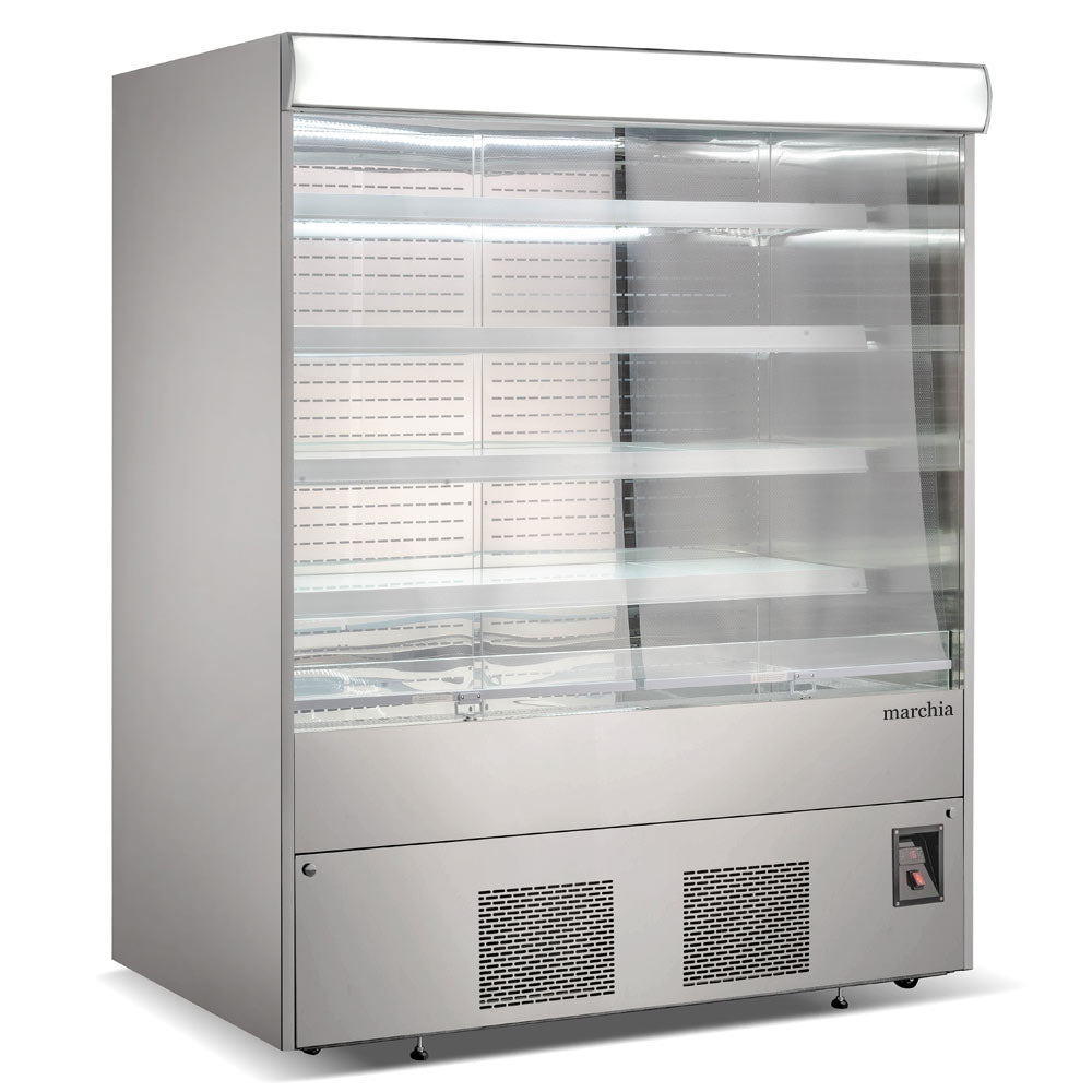 The Marchia MDS72 72" open air cooler grab-and-go refrigerator, operating on 220V, features a large design with adjustable shelves, energy-efficient LED lighting, and easy access for showcasing chilled products.