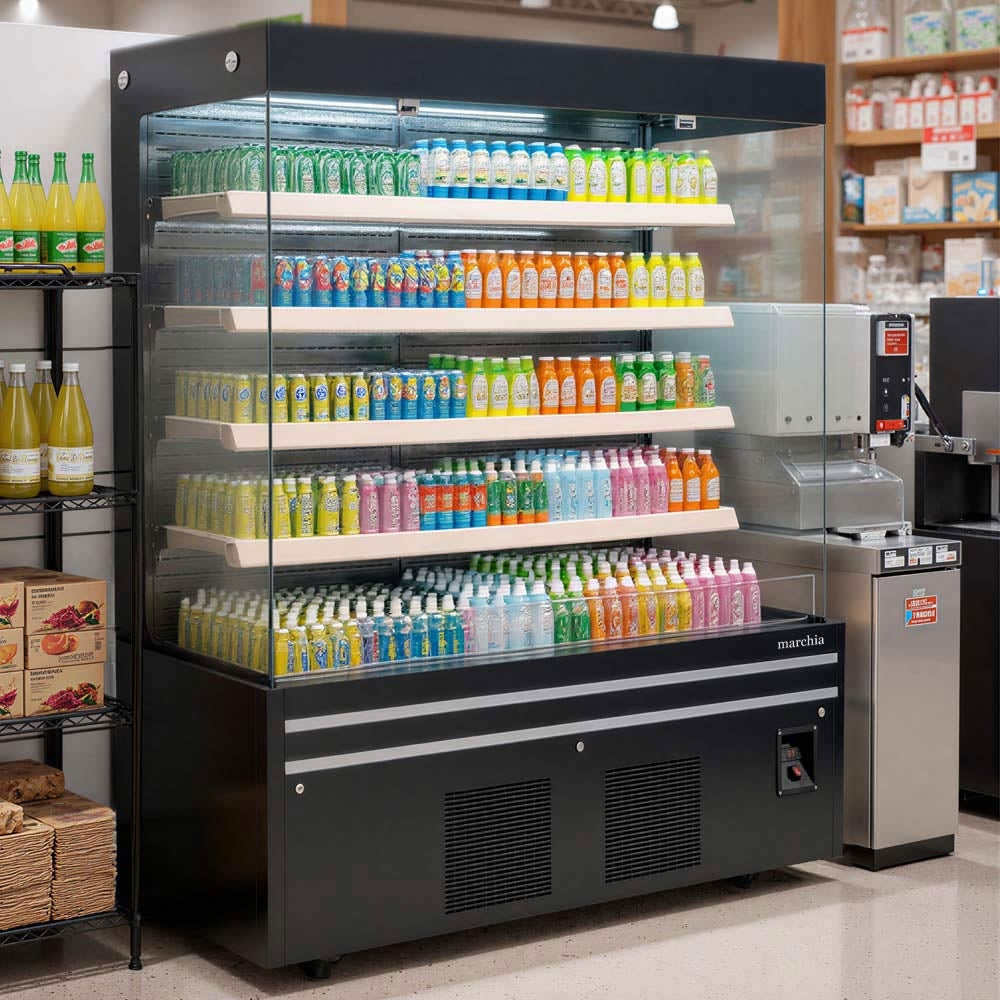 Marchia MDS72G 72-inch Black Open Air Cooler Grab-and-Go Refrigerator with Glass Sides, 220V. Features an open display, sleek black design, LED lighting, and glass panels for optimal visibility. Ideal for showcasing beverages, snacks, and perishables in retail.