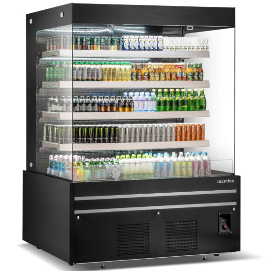Marchia MDS72G 72-inch Black Open Air Cooler Grab-and-Go Refrigerator with Glass Sides, 220V. Features an open display, sleek black design, LED lighting, and glass panels for optimal visibility. Ideal for showcasing beverages, snacks, and perishables in retail.