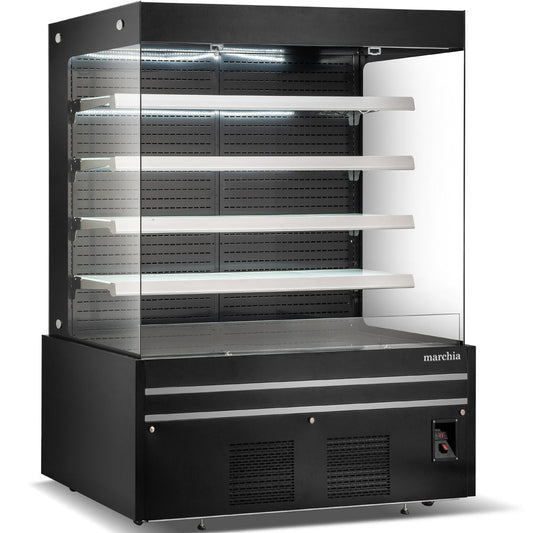 Marchia MDS72G 72-inch Black Open Air Cooler Grab-and-Go Refrigerator with Glass Sides, 220V. Features an open display, sleek black design, LED lighting, and glass panels for optimal visibility. Ideal for showcasing beverages, snacks, and perishables in retail.