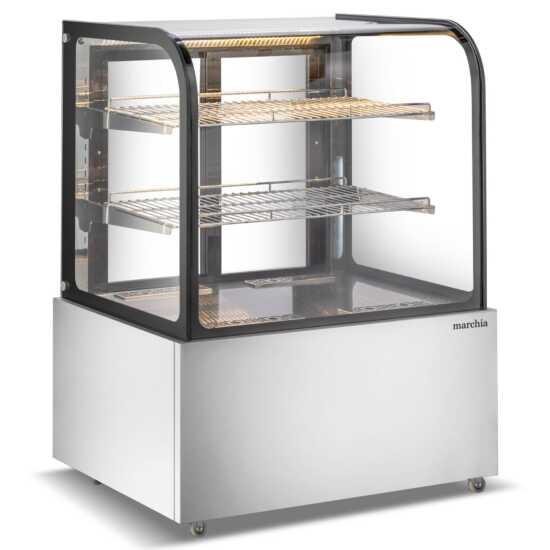 Marchia MH36 36" Curved Glass Heated Display Warming Case with stainless steel finish. Features a sleek curved glass front for an attractive, easy-to-access display of warm foods.