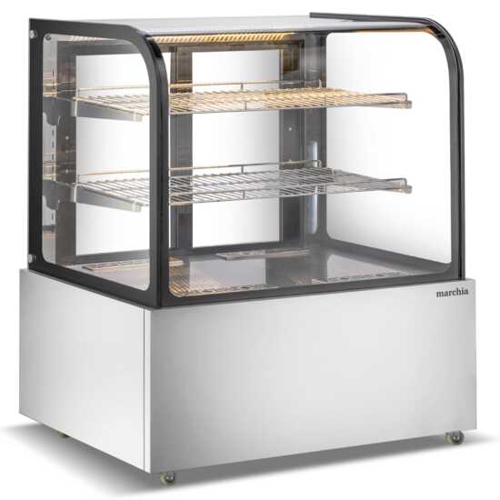 Marchia MH48 48" Curved Glass Heated Display Warming Case in stainless steel. Features a spacious curved glass front for showcasing and keeping food warm in a stylish, accessible manner.