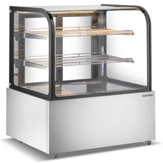 Marchia MH48 48" Curved Glass Heated Display Warming Case in stainless steel. Features a spacious curved glass front for showcasing and keeping food warm in a stylish, accessible manner.